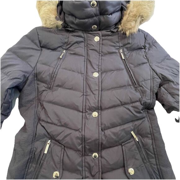 NWT Michael Kors Faux Fur Hooded Coat MK Logo Brown Down Jacket Charcoal - PS - Picture 4 of 16